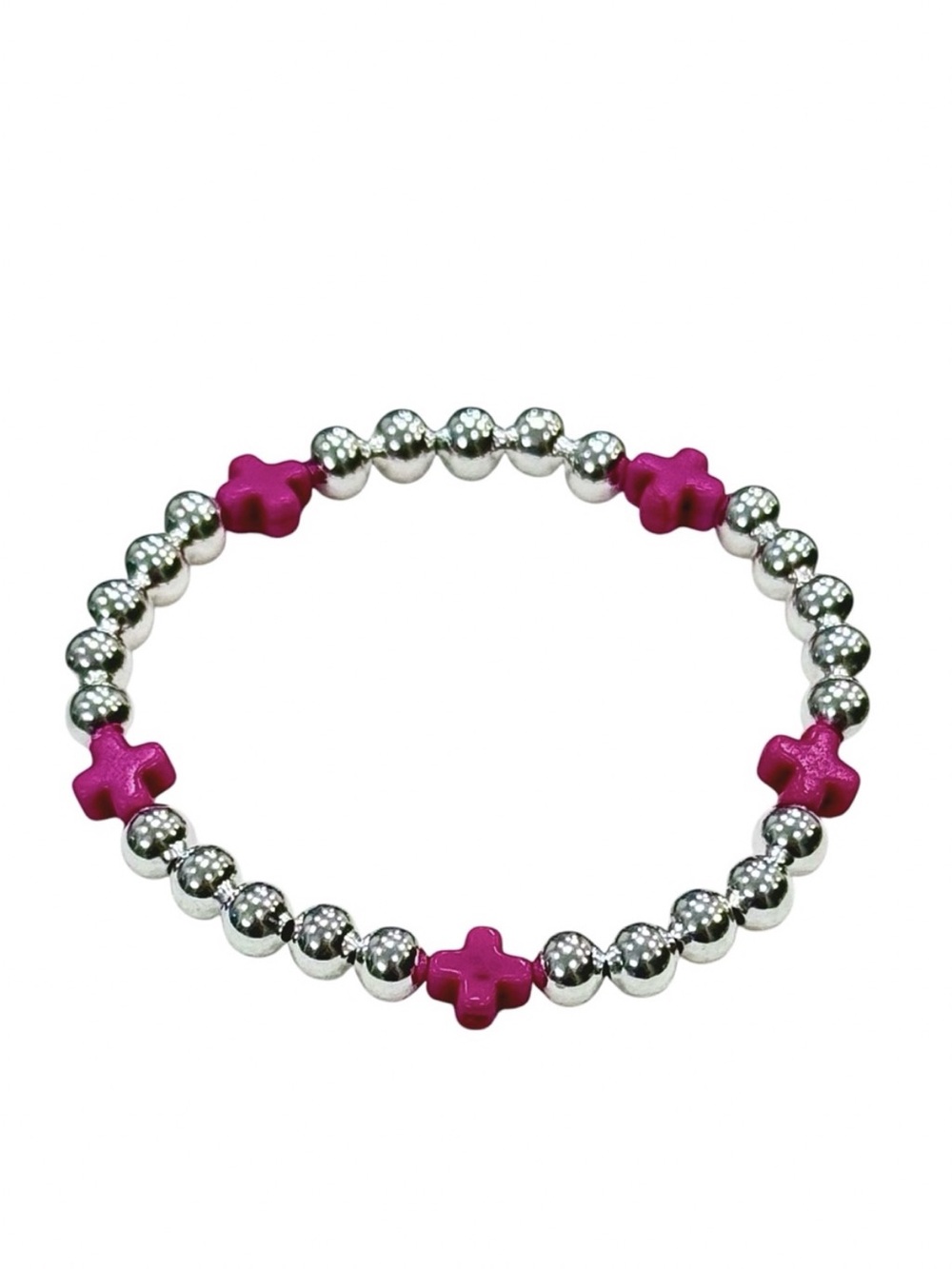 Signature Pink Turquoise Cross Sterling Silver 5mm Bead Bracelet Hand Crafted